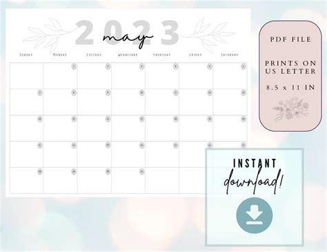 Printable May 2023 Minimalist Calendar Blank Monthly Planner Etsy