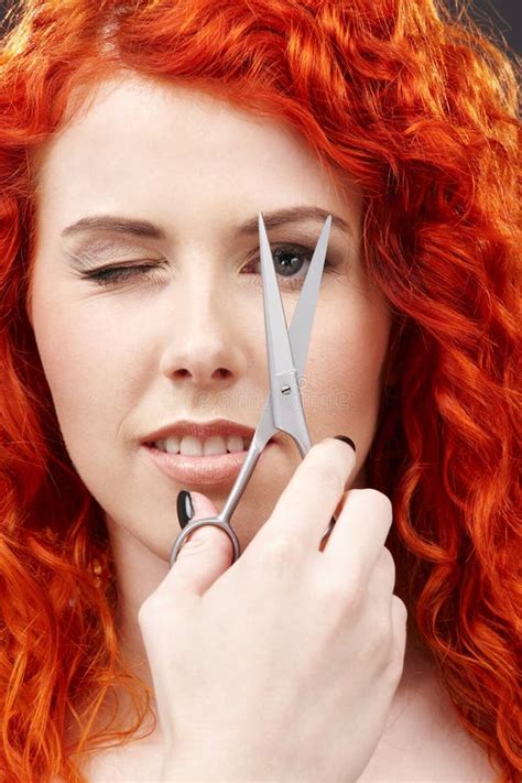 Redhead With Scissors Stock Image Image Of Curly Coiffure 9934003