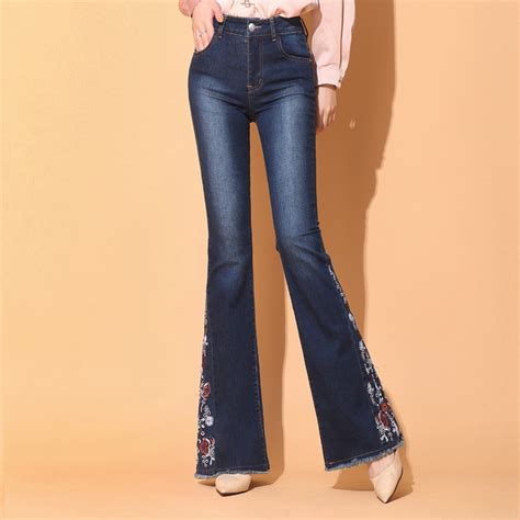 Embroidery Stretching Flare Jeans Women Stretching High Waisted Bell Bottoms Jeans For Girls