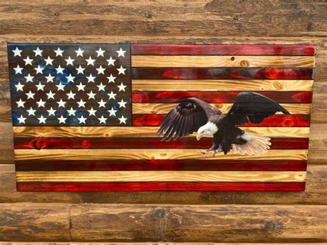 Bald Eagle Rustic Wooden Color American Flag Wall Decor Charred