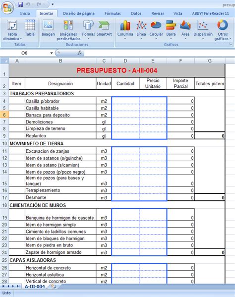 Calculo De Materiales De Construccion En Excel