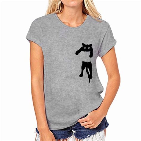 Cute Pocket Cat Printed T Shirt Women Casual Short Sleeve Tshirt Female O Neck Loose Women T