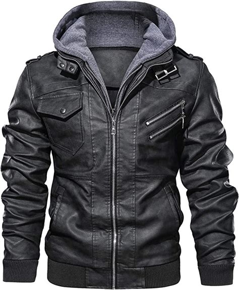 Mens Faux Leather Jacket With Hood Full Zip Vintage