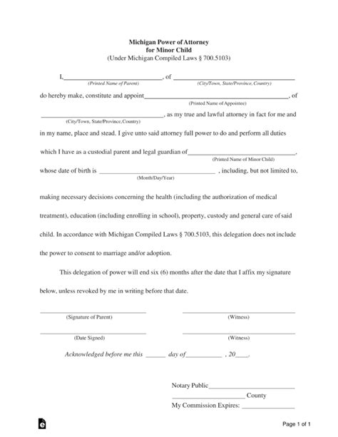 Free Michigan Power Of Attorney For Minor Child Form Pdf Word Eforms