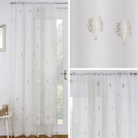 Cream Voile Curtain Gold Metallic Trees Slot Top Panels Rod Pocket