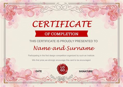 Word Of Pink Flower Certificate Of Completiondoc Wps Free Templates