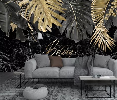 Luxury Gold Plant Leaf Wallpaper Mural With Black Backsplash Waterproof