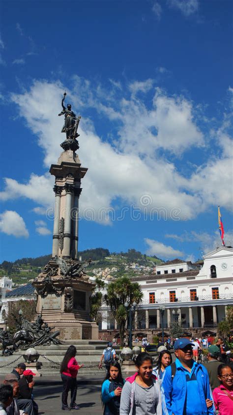 People Walking In Independence Square In The Historic Center Of Quito