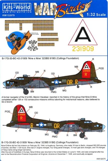 Kits World Decals 132 Boeing B 17g Flying Fortress Nine O Nine 1299