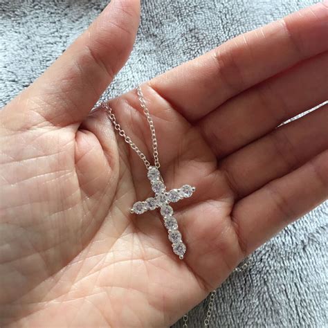 Women Platted Silver Cz Cubic Crystal Cross Pendant Necklace