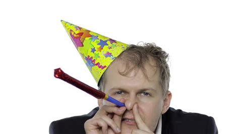 Drunk Sleepy Young Businessman In Festive Cap Blowing A Whistle Hangover Stock Footage