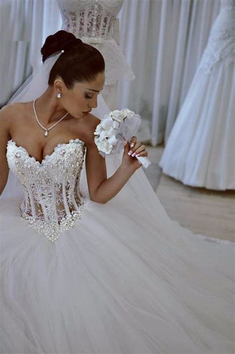 Luxurious Bling Strapless Wedding Dresses Corset Bodice Sheer Bridal Ball Crystal Pearl Beads