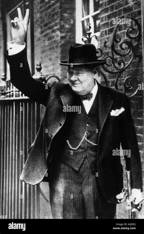 Winston Churchill 1874 1965 As British Prime Minister Gives His V For Victory Sign Outside No