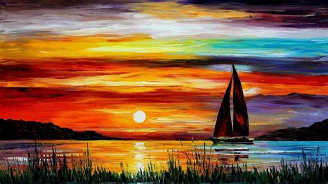 Create your very own sunset painting with acrylics on canvas! Boat sunset painting wallpaper | 1366x768 | #10056