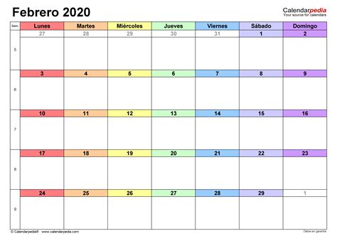 Calendario Febrero 2020 En Word Excel Y Pdf Calendarpedia