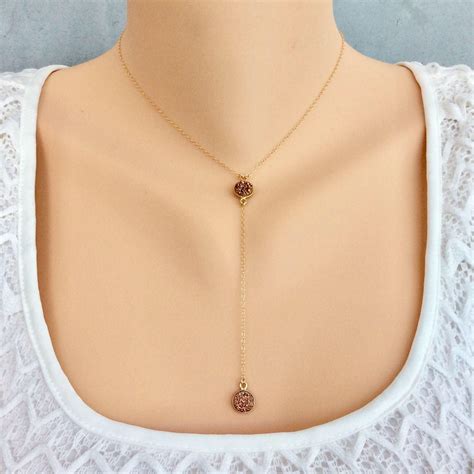 Kt Gold Filled Lariat Dainty Necklace With Rose Gold Druzy Stones By