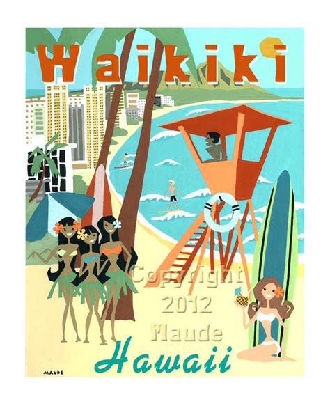 Hula Surfer Girls Modern Art Hawaii Wikiki Door Midcenturymaude Waikiki