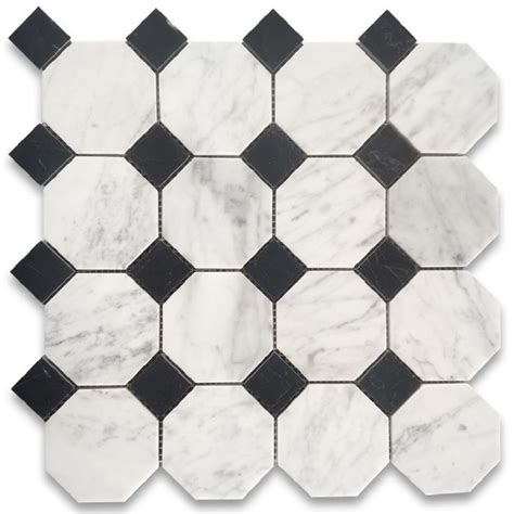 Carrara White Marble 3 Inch Octagon Mosaic Tile W Nero Marquina Black