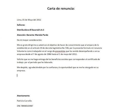 Modelo Carta De Renuncia Voluntaria Word España Peter Vargas Ejemplo