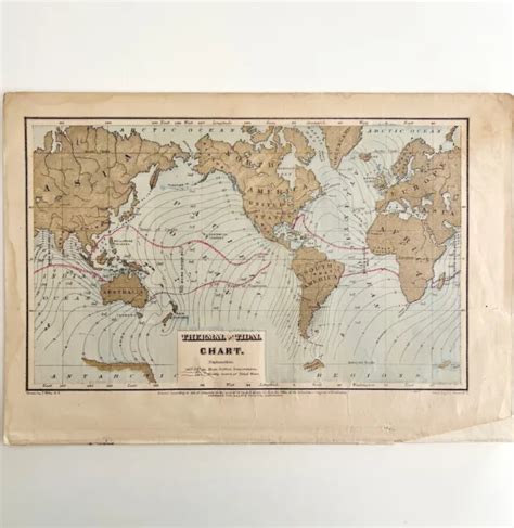 Map Of The World 1884 Thermal Tidal Chart Victorian Lithograph Antique