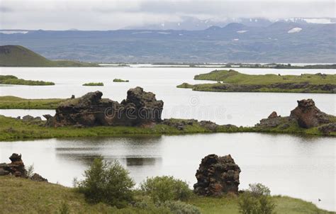 Lake Lava Formations And Mountains In Myvatn Iceland Stock Photo