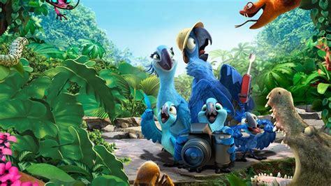 An Animated Scene With Blue Birds And Other Animals In The Jungle