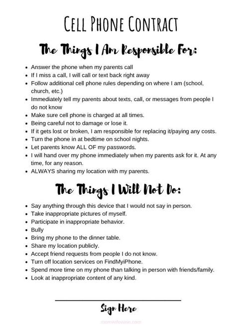 Printable Cell Phone Contract For Tweens Editable