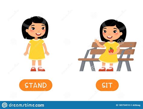 Antonyms Concept Stand And Sit Educational Flash Card With Little