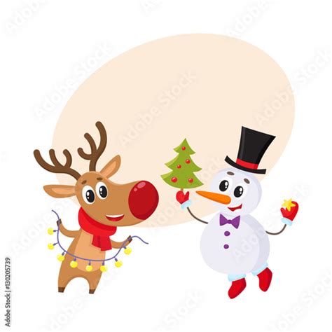 Happy Snowman Holding Christmas Tree And Funny Reindeer With A Garland
