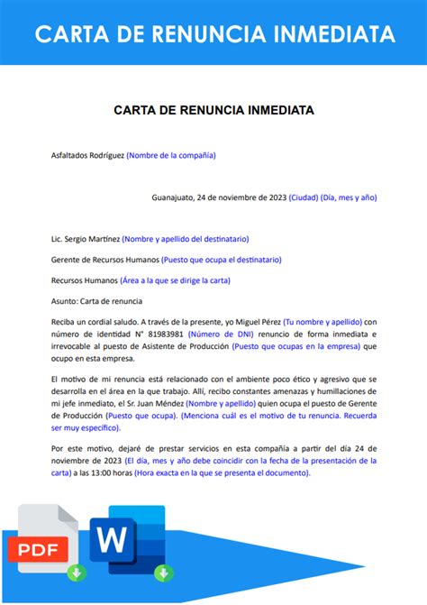 Ejemplo De Carta De Renuncia Inmediata La Ejemplopedia