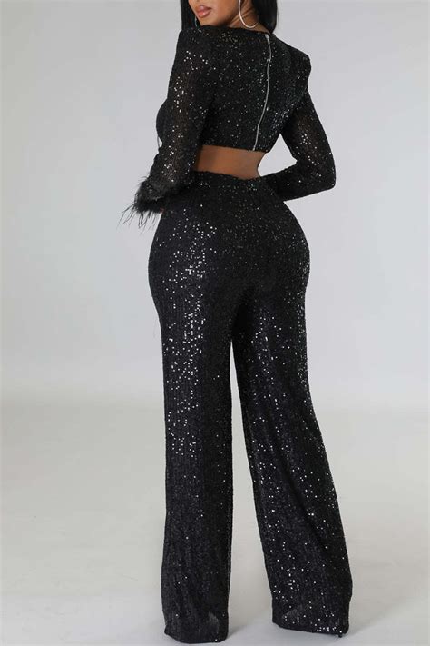Black Sexy Solid Hollowed Out Sequins Patchwork Feathers V Neck Straight Jumpsuitsjumpsuits