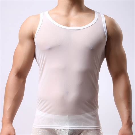 Discount Mens Sexy Undershirts Silk Feel Mesh See Through Transparent