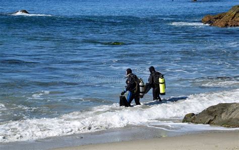 Scuba Divers At Moss Street Cove Laguna Beach California Editorial