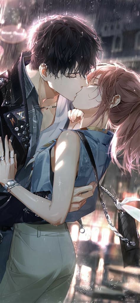 An Anime Couple Kissing In The Rain