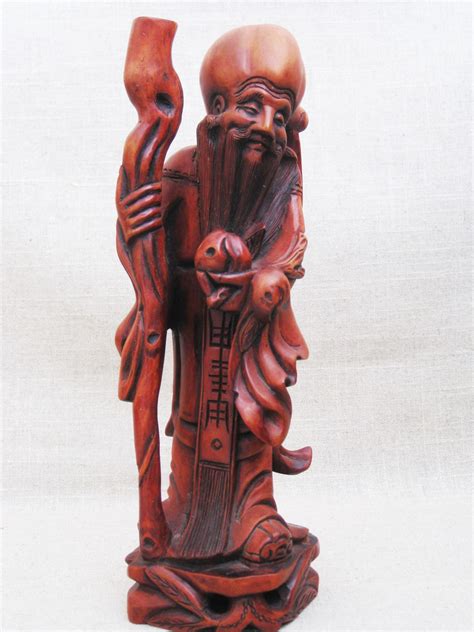 Vintage Chinese Immortal Sculpture Fukurokuju Hand Carved Wooden Figure