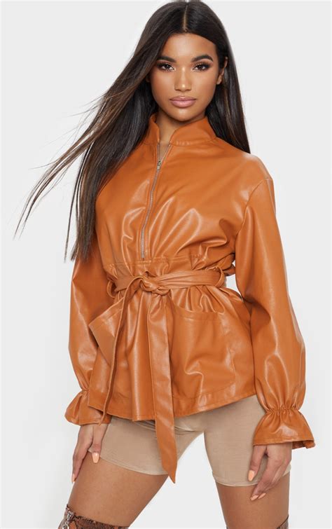 Tan Faux Leather Zip Belted Top Tops Prettylittlething Ie