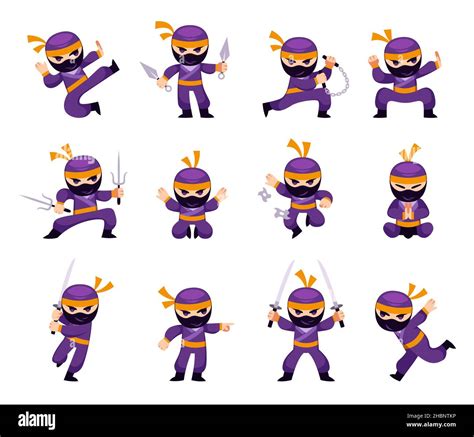 Cartoon Ninja Man In Different Action And Combat Poses Karate