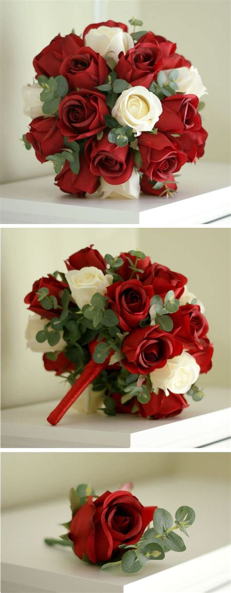Red And White Rose Bouquet With Eucalyptus Leaves And Matching