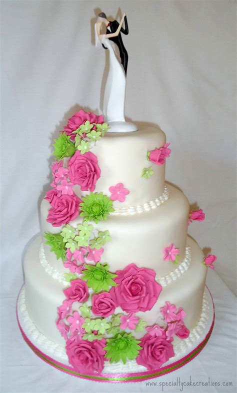 Hot Pink And Lime Green Cascading Flowers Wedding Cake