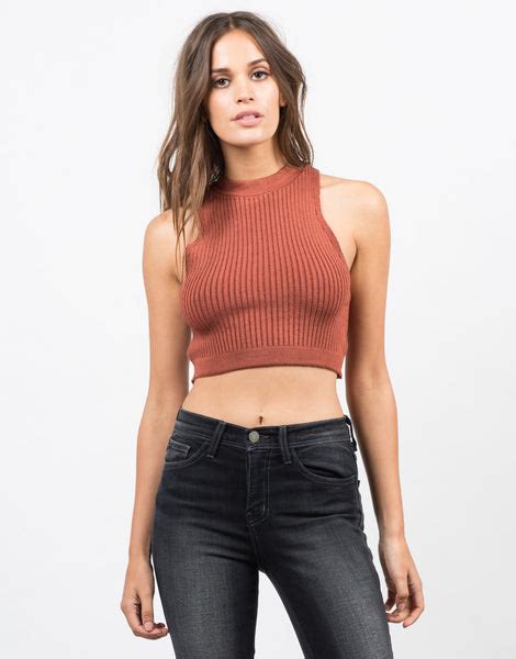 Ribbed Mock Neck Cropped Top Brick Tank Crop Top Womens Tops 2020ave