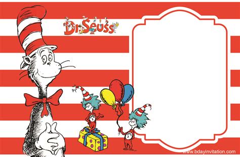 Seuss' birthday with a bookmark. Nice FREE Printable Dr.Seuss Birthday Invitation Template | Birthday card template, Birthday ...