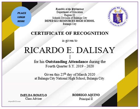 Deped Certificate Of Recognition Template Free Download Free