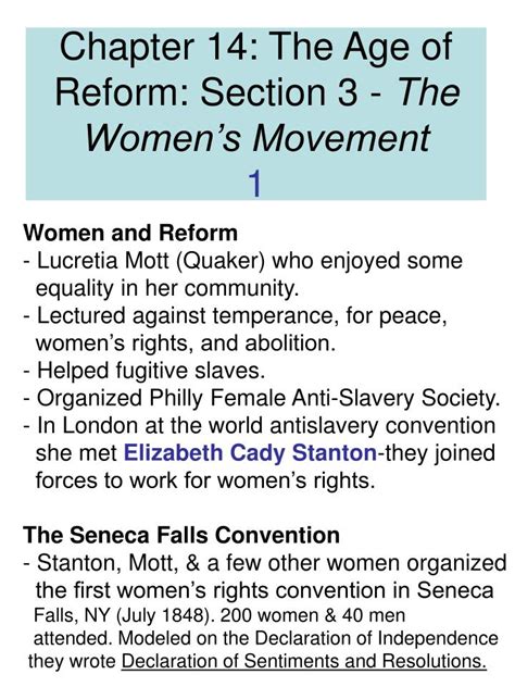 Ppt Chapter 14 The Age Of Reform Section 3 The Womens Movement 1