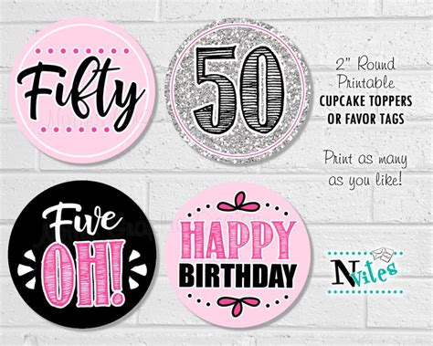 50th Birthday Cupcake Toppers 50th Birthday Party Tags Etsy