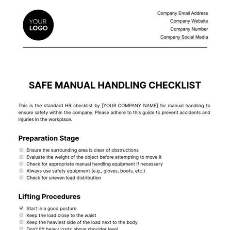 Safe Manual Handling Checklist Hr Template Edit Online And Download