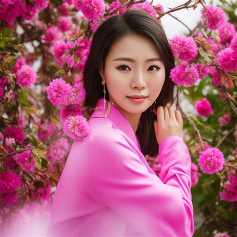 Premium Ai Image A Woman In A Pink Dress Stands In Front Of A Bunch