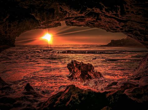 Sunset View From Beach Cave 4k Ultra Hd Wallpaper