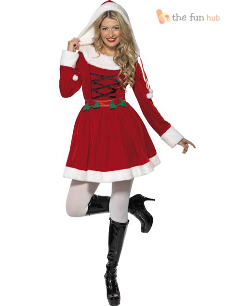 Ladies Miss Santa Claus Hooded Fancy Dress Costume Christmas Womens