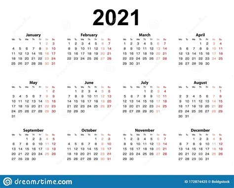 Calendar Layout For 2021 Year Week Starts From Monday Stock Vector