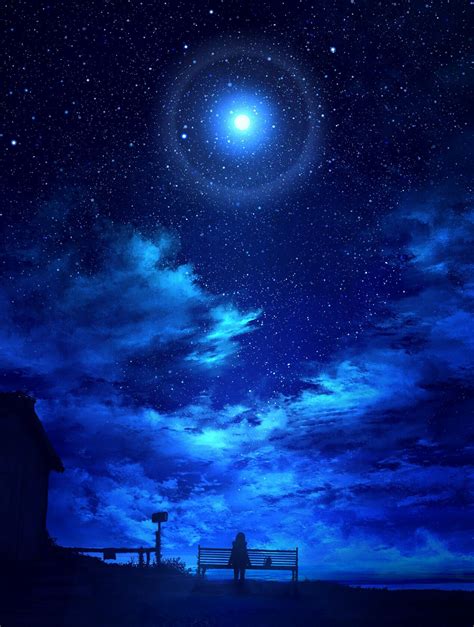 Starry Sky Lonely Girl Anime Scenery Night Sky
